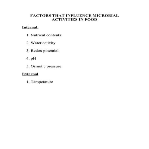 MIC204 (Food Microbiology) - Chapter 4 : FACTORS THAT INFLUENCE MICROBIAL ACTIVITIES IN FOOD