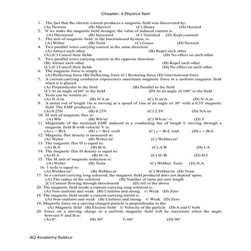 Comprehensive Physics Test on Magnetic Fields and Electromagnetism ...