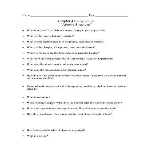 Chemistry- Chp 4 - Atomic Structure - Study Guide
