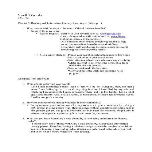 Chapter 5:  Reading and Information Literacy- Learning