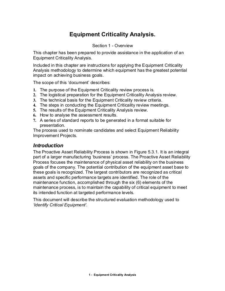 Equipment Criticality Analysis