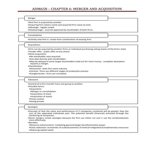  ADM 658: Chapter 6 - Mergers and Acquisition