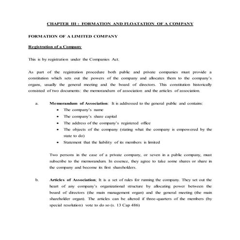 Company Law - FORMATION AND FLOTATION OF A COMPANY