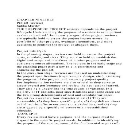 CHAPTER NINETEENProject ReviewsSubbu MurthyTHE PURPOSE OF PR.docx