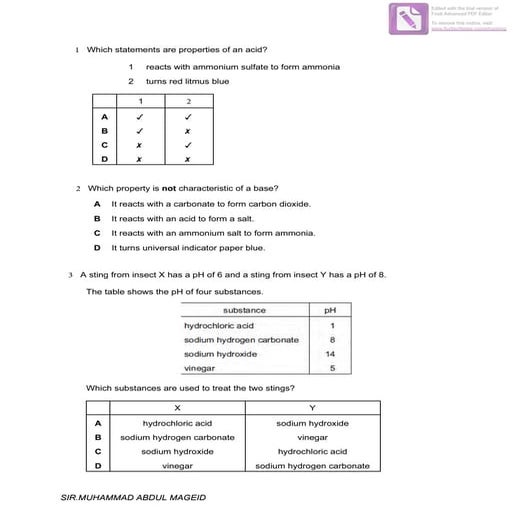 Characteristic properties of acids & bases (multiple choice) QP PDF