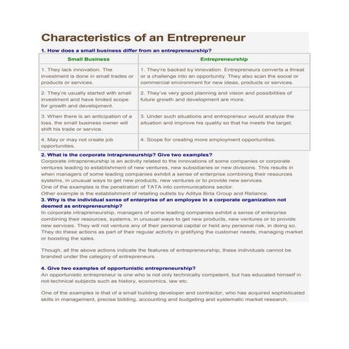 Characteristics of an entreprenure