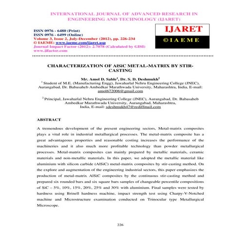 Characterization of al sic metal matrix by stir-casting