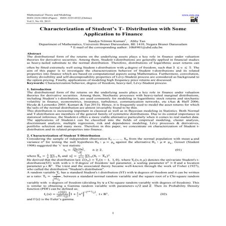 Characterization of student’s t  distribution with some application to finance