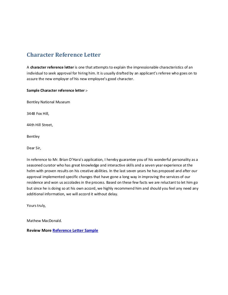 Character Reference Letter Template For Employee
