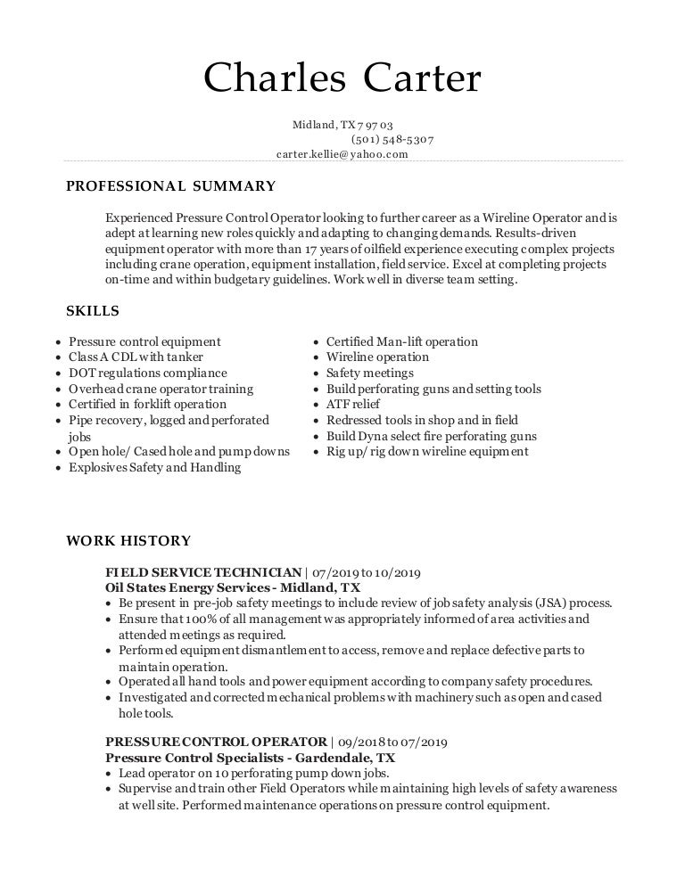 Charles Carter's Wireline Operator Resume 2020