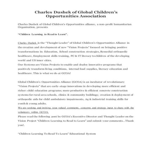Charles dushek of global children’s opportunities association