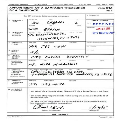 Charles l.  chuck  branch - appointment of a campaign treasurer by a candidat...
