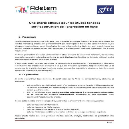 Charte éthique pour les études fondées sur l'observation de l expression en ligne  - Adetem
