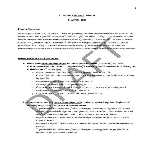 Parish FINANCE Council Charter - 2016