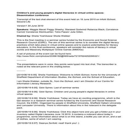 Children's and young people's digital literacies in virtual online spaces: Dissemination conference