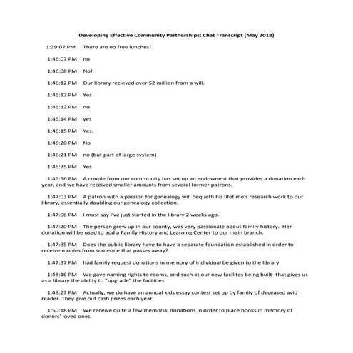 Developing Effective Community Partnerships: Chat Transcript (May 2018)
