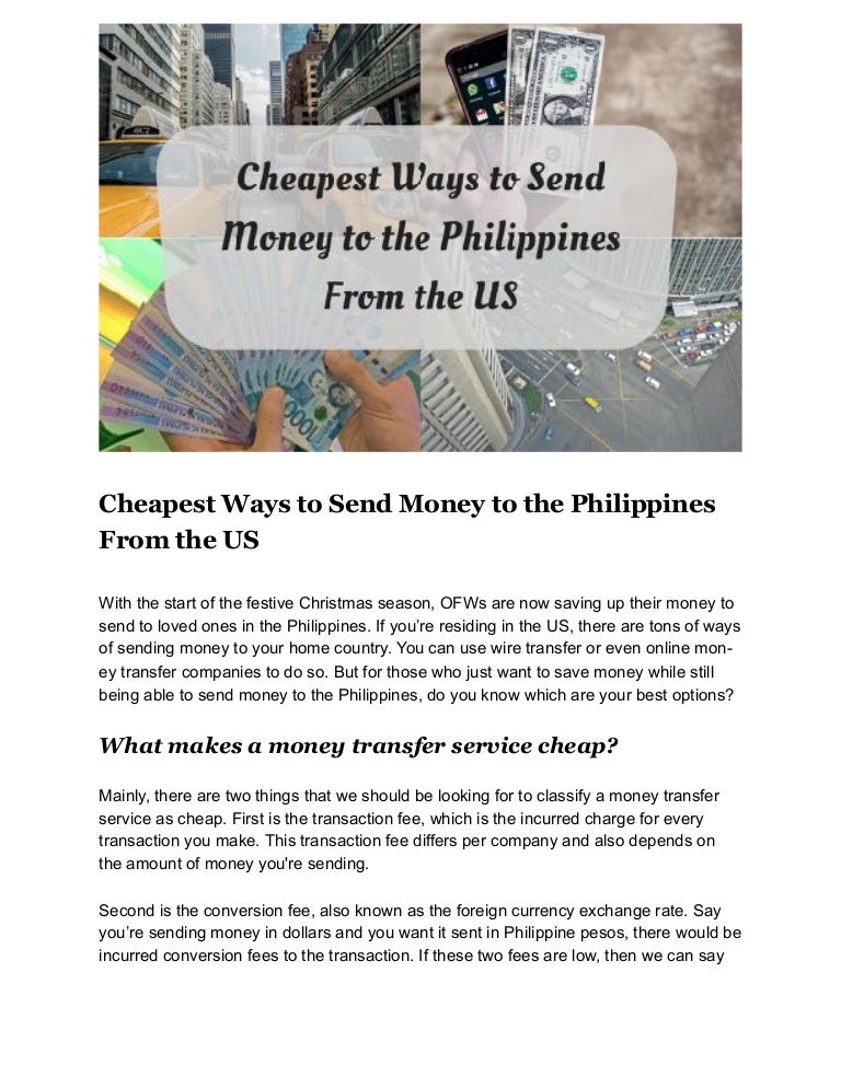 Cheapest ways to send money to the Philippines from the US