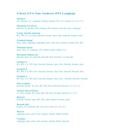 Cheat GTA san andreas ps2 