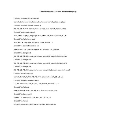 Cheat password gta san andreas lengkap