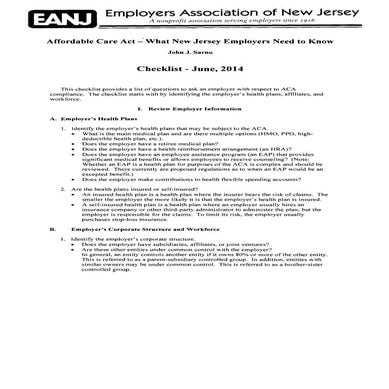 Affordable Care Act - What NJ Employers Need to Know June 2014 Checklist