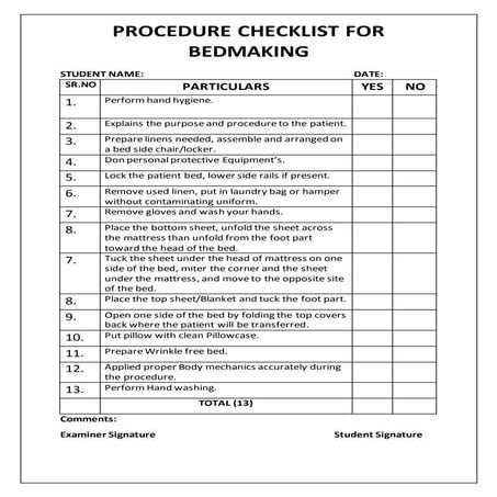 procedure checklist for bedmaking.