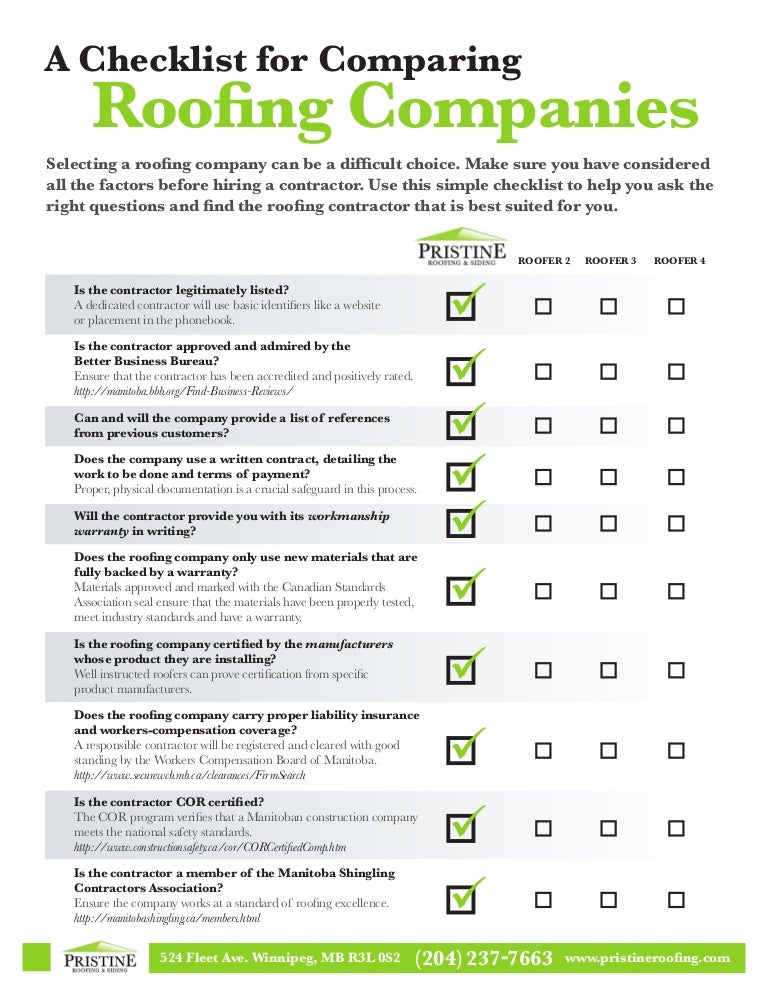 checklist for comparing roofing companies roof material list