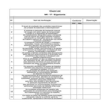 Check list    nr 17 - ergonomia