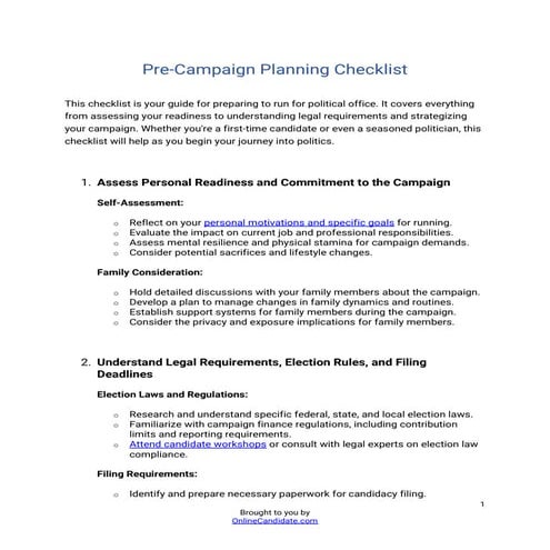 Pre-Campaign Political Checklist - Online Candidate | PDF