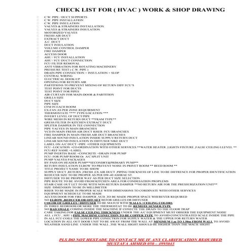 CHECK LIST FOR ( HVAC ) WORK & SHOP DRAWING