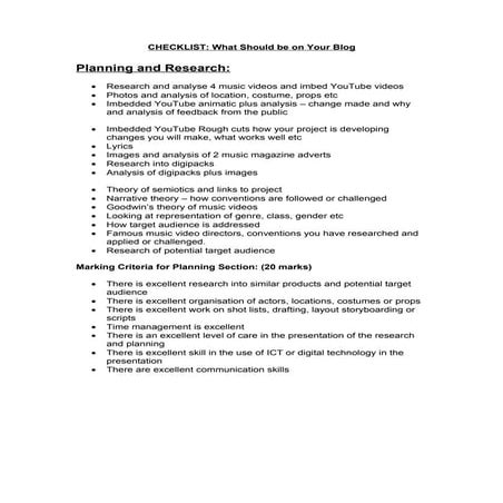 Checklist for blog planning and evaluation sections