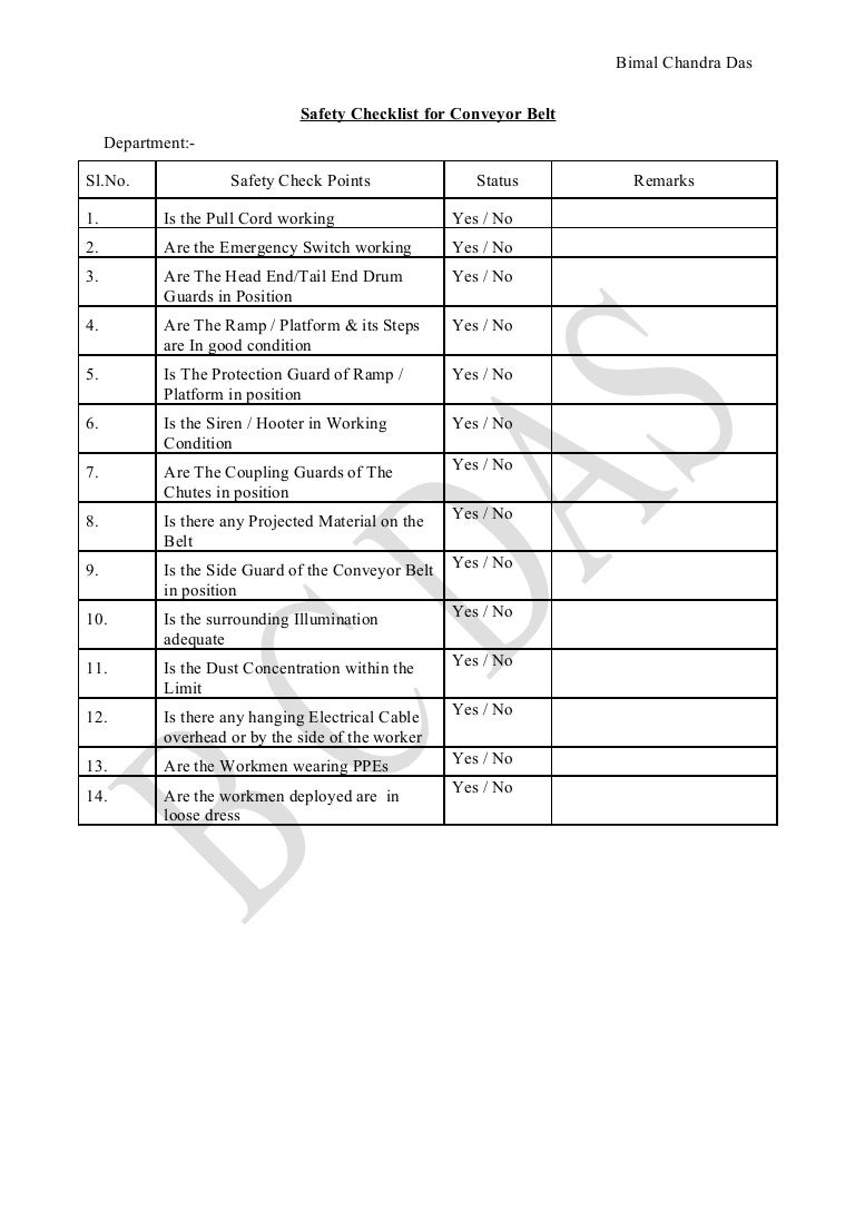 Check list for conveyor belt inspection, B C Das