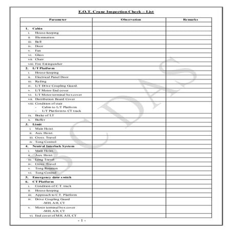 EOT Crane Inspection Check list, helpful for safety officers during inspection