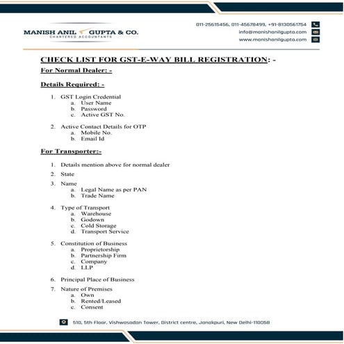 Check List for GST-E-WAY Bill Registration | PDF