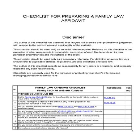 Checklist for preparing a Family Court affidavit