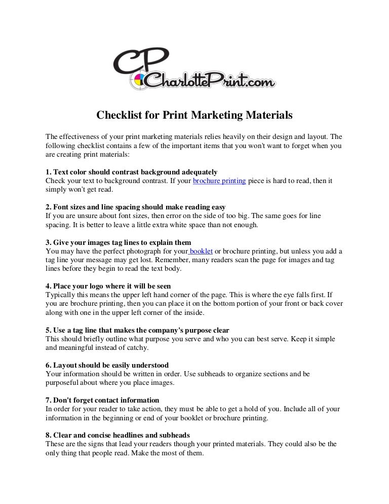 Checklist For Print Marketing Materials