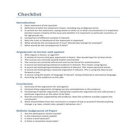 Checklist for the research and discussion report