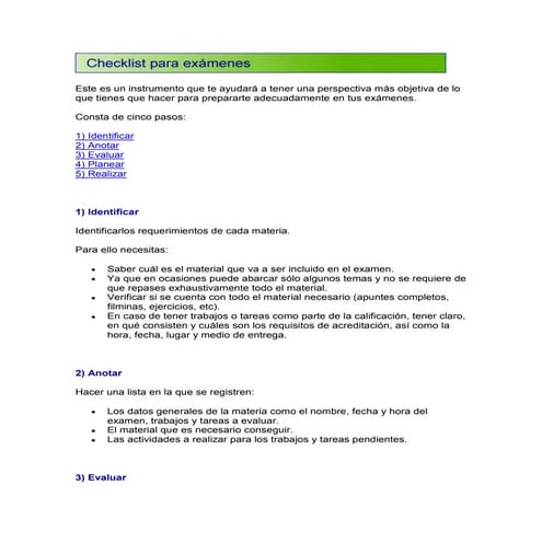 Checklist para exámenes | DOCX