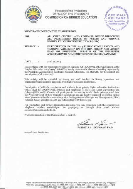 CHED Memo for RDA national training of PAARL in Cebu | PDF