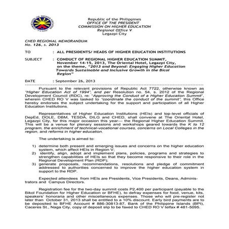 CHED Regional Memo for Regional Higher Education Summit 2013