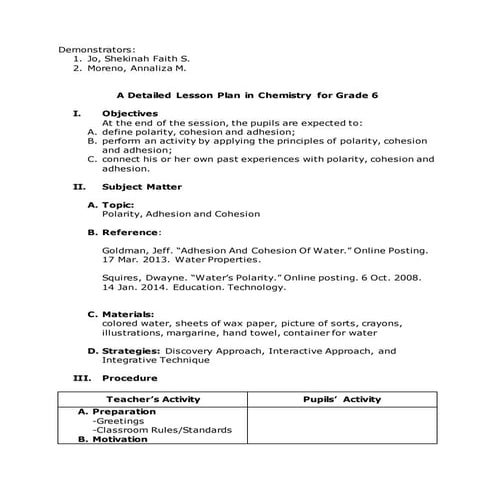 Lesson Plan about Polarity, Adhesion and Cohesion