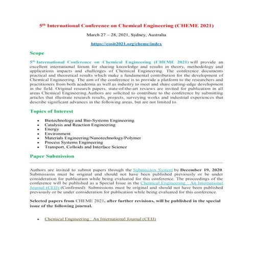 5th International Conference on Chemical Engineering (CHEME 2021)