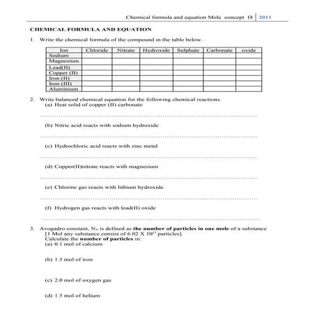 Chemical formula and equation, mol concept