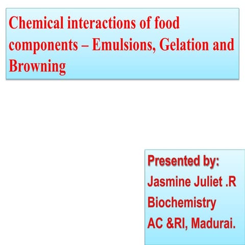 Chemical interactions of food components   emulsion, gelation, browning.