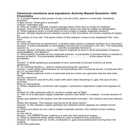 Chemical reactions and equations activity based question 10th