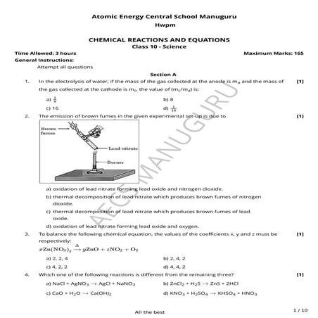 Chemical Reactions and Equations worksheet.pdf/Class 10 / Prepared by Sandeep...