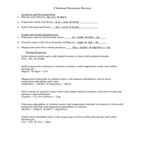 Chemical Reactions Review (H) Key