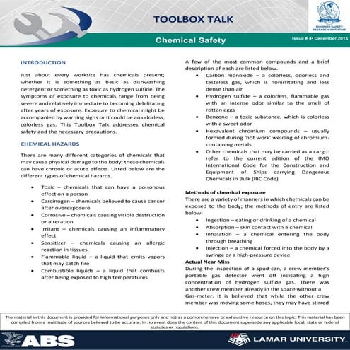 Chemical Safety Tool Box Talk. safety pdf ppt