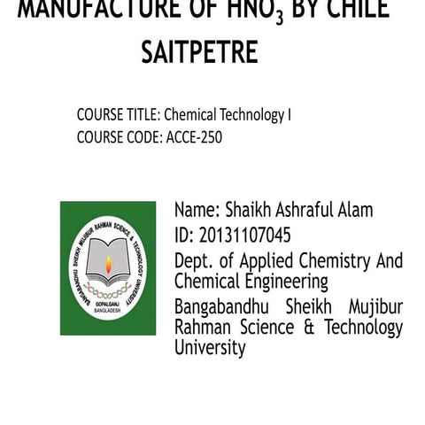 Manufacture of Nitric acid by chile saltpetre