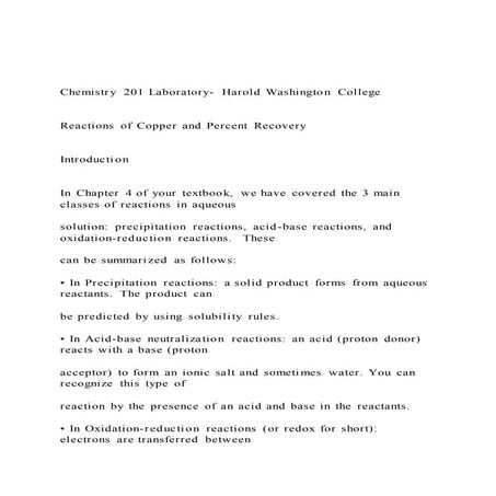 Chemistry 201 Laboratory- Harold Washington College Reac