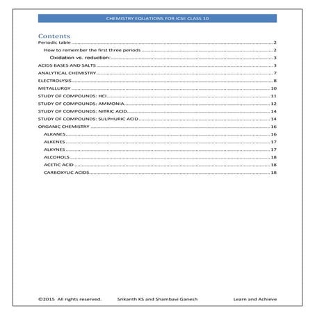 Chemistry equations for ICSE Class 10